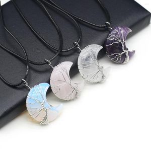 Pendant Necklaces Natural Stone Silver Color Winding Line Moon Necklace Leather Rope Chain Jewelry For Women Men Party Wedding Gift