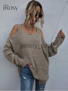 Kvinnors tröjor Kvinnors Autumn Lightweight Loose Knit Cold Shoulder Sweater Khaki Pullovers Shirt Female Long Sleeve Tops Streetwear Y2K Jumpers J230921