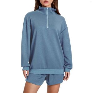 Damen-Shorts, 2-teiliges Trainingsanzüge, einfarbig, 1/2-Reißverschluss, Sweatshirt und für Activewear, Workout-Outfits-Set