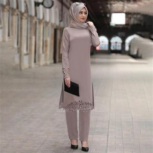 2PCS Muslim Abaya Dress Islamic Turkish Dubai Woman Solid Long Sleeve Kaftan Lady Elegant Lace Middle East Clothing Set269T