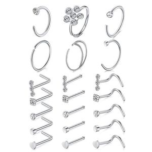 Nose Rings Hoop L Shape Studs Stainless Steel Screw Bone Flat Top Diamond Opal Heart High Nostril Piercing Jewelry for Women Men251b