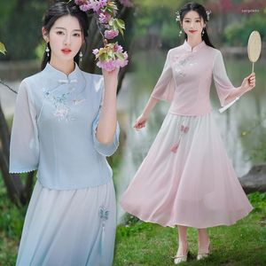 Roupas étnicas Elegante Verão Algodão Linho Bordado Tang Terno Zen Hanfu Vestido Doce Retro Moda Estilo Chinês Tops Saia Conjuntos para