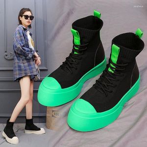 Stiefel Street-Style Schnür-Canvas-Hi-Top-Schuhe Lässige Plattform Atmungsaktive Stretch-Socken für Damen Booties Skateboard