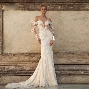 Lussuosi abiti da sposa a sirena in pizzo con fiori 3D con abito da sposa a maniche lunghe con spalle scoperte per la sposa