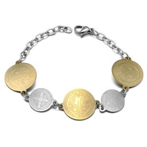 Pulseira religiosa san benito para mulheres, bracelete de aço inoxidável, ouro, cruz de são bento, joia fashion, presente de moeda 2020268w