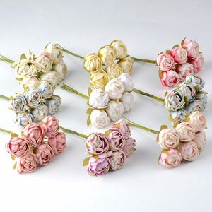 Flores decorativas 60 peças mini chá de seda rosa botão buquê de flores artificiais scrapbooking decoração de festa de casamento diy artesanato falso artesanal