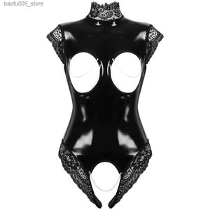 Sexig uppsättning erotisk öppen cup bodysuit cupless crotchless teddy femme svart våtskok pvc latex catsuit gotiska kvinnor porrdräkt y underkläder q230921