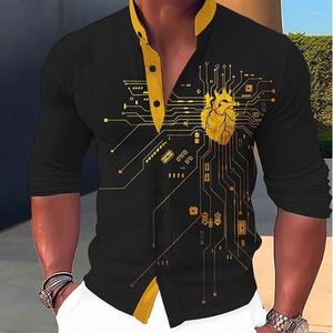 Camisas casuais masculinas camisa máquina órgão 3d impressão gola preta ao ar livre rua manga longa roupas moda vestido designer