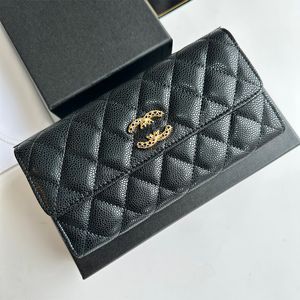 Langes Portemonnaie mit Karomuster, Schaffell, Kaviar, echtes Leder, Portemonnaie, Klappe, Cover Zero, Designer-Geldbörsenclip, kleine Luxushandtasche, Schwarzgold-Haspe