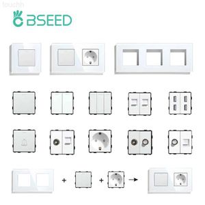 BSEED DIY Wall Light Switch Parts - White Glass Frame, USB & EU Outlets, CAT5, TV, Power, ST, TEL Modules