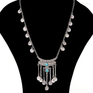 Kolye Kolyeler Vintage Etnik Gümüş Renk Para Püskül İfadesi Kadınlar İçin Boho Uzun Oymalı Taş Yakası Jhumka Takı