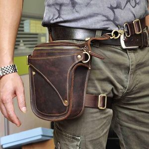 Waist Bags Unisex Fashion Crazy Horse Quality Leather 7" Motorcycle Riding Drop Leg Bag Design Travel Fanny Belt Pack Case 9326d 230920