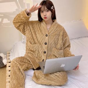 Damska odzież sutowa plus size zima solidna piżama zestaw kobiet w salonie ciepłe domowe garnitury Domowe odzież Flaneli Flannel Plush Lounge Sleep Wear 230921