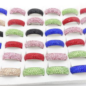 Whole 36pcs Lot Womens Stainless Steel Band Rings Clay 5 Row Colorful Rhinestone Shining Fashion Jewelry Beautiful Party Gift254B