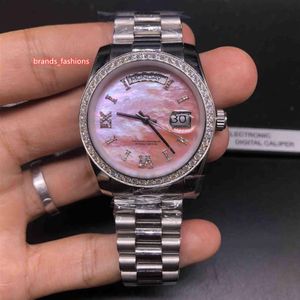 Boutique Fashion Business Watch Silver rostfritt stål fodral Rem klocka Shell Face Diamond Ring Mouth Automatiska mekaniska klockor307Z