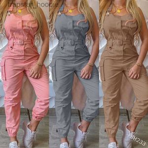 Women's Jumpsuits Rompers 2023 Summer Ladies Workwear Jumpsuit Belt Sleeveless Overalls Solid Color Romper Jumpsuits Overalls L230921