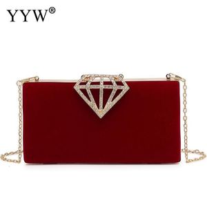 Evening Bag Clutch Velvet Burgundy Year Party Elegant Crossbody Heart Shaped Buckle With Diamonds Square Purse 2023 230921