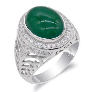 Män ringer med naturlig grön agatsten 925 Sterling Silver Vintage Hollow Design Turkiska eleganta smycken Gifr för manliga kvinnor248i