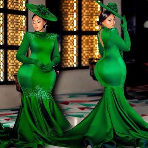 Akşam elbise koyu yeşil balo parti elbisesi resmi yeni özel artı beden dantel yukarı fermuarlı saten denizkızı yüksek boyun uzun kollu payetler