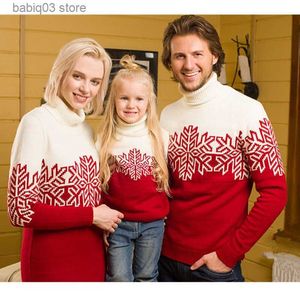 Família combinando roupas Natal família combinando suéteres floco de neve impressão mãe vestido de malha pai crianças jumpers engrossar quente gola alta pulôver look de natal t230921