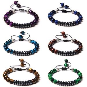 Pulseira vintage de trança masculina, chakra real olho de tigre pulseira 8 mm contas de pedra pulsera artesanal feminina facetada hematita buda joalheria b291n