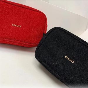 Blingbling Black Red Fabric Zipper Case Elegant Beauty Cosmetic Case Fashion Makeup Organizer Bag Toiletry Case with Gift Box238Y