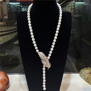 Chains Beautiful 9-10mm White Freshwater Pearl Micro Inlay Zircon Leaves Buckle Accessories Necklace Long 90cm