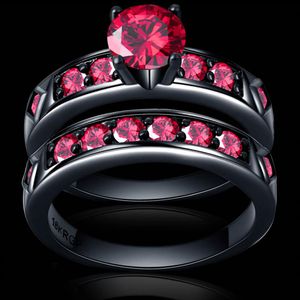 bright red red ring garnet women lovely wedding jewelry black gold full couple ring set Bijoux female man317x