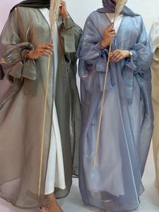 Ubranie etniczne Summer Eid Djellaba Abaya Dubai Shiny Soft Puff Sleeves Sukienka Muzułmańska jedwabista Abaya Dubai Turcja muzułmańska sukienka Islam Abayas WY800 230921