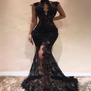 Black Full Lace Prom Dress High Slit Sexy Evening Dress Beaded Sheer Lace Party Sexy Mermiad Dresses Custom Made205o