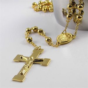 Högkvalitet Fade aldrig guldpläterad rostfritt stål Buddhist Rosary Necklace Crucifix Round Peads Chain 28 4 5 Fine Gift Uni2476