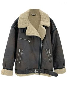 Couro feminino outono inverno moda grossa quente moto motociclista casaco do plutônio senhora streetwear falso casacos de pele de cordeiro com cinto