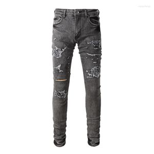 Jeans da uomo High Street Fashion Vintage invecchiato elasticizzato slim fit con fori toppe paisley skinny strappato