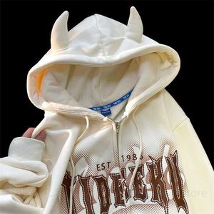 Herrtröjor tröjor kvinnor streetwear hiphop hoodie roliga demon horns cardigan svans grafiska tryck långa ärmar pullover hösten casual harajuku topps t230921