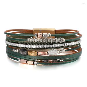 Armreif, hochwertiges farblich passendes Armband aus mehrschichtigem gewebtem Leder für Damen, Blattperlen-Magnetschnalle, Handornamente