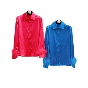 Kvinnors kostymer Blazers 2023 Spring och Autumn Polo Collar Cuff Panel Feather Versatile Slim Long Sleeve Shirt 230920