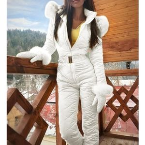 Skiing Suits Winter Hooded Jumpsuits Parka Elegant Cotton Padded Warm Sashes Ski Suit Straight Zipper Women Tracksuits 230920