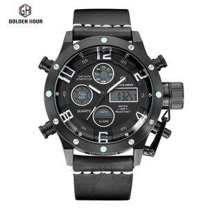 Reloj HOMBRE Goldenhour Leather Led Watch Men Casual Army Alarm Watches Sport Quartz Man Wrist Watch Waterproof Male Clock259g
