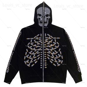 Herrtröjor tröjor rhinestone mönster huvud hoodie herrskalle tröja lös huvjacka blixtlås höst hösten casual jacka män klädsalong slitage t230921