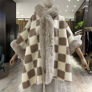 Cappotto di pelliccia da donna campione inverno caldo velluto spesso maniche a pipistrello con cappello poncho scozzese donna sciolto addensare streetwear lungo mantello