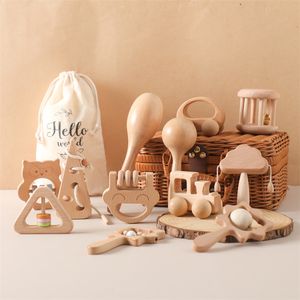 Schnuller Beißringe Baby Holz Montessori Spielzeug Set BPA Frei Holz Koala Rassel Beißring Spielzeug Dinosaurier Fädelspielzeug Puzzle Bildung Spielzeug 230919