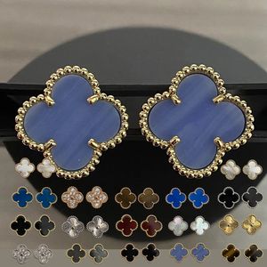 Blue Gold-rimmed Four-leaf Clover Stud Earrings Gift Pearl Earrings Hoop Bridal Jewelry Women Studs Lovers Colorful Sier-plated EMG2