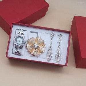 Bilek saatleri lüks rhinestone izle kadınlar set bayanlar kadın saati montre femme relogio zirkonia taç akşam küpe yüzüğü kutu