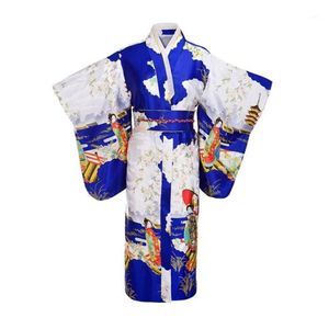 Blue Woman Lady Japanese Tradition Yukata Kimono Bath Robe klänning med Obi Flower Vintage Evening Party Dress Cosplay Costume1248R