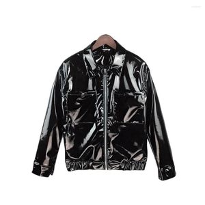 Men's Jackets Mens Glossy PVC Leather Jacket Punk Moto Male Turn-down Collar Zipper Long Sleeve Coat Stage Show Costume Vinyl Fetish