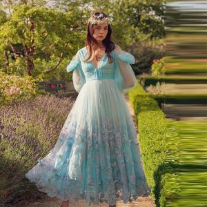 Partykleider Sevintage Baby Blau Schmetterling Tüll Abschlussball Spitze Applikationen Lange Ärmel Falte Gerafft A-Linie Abendkleid Formales Kleid