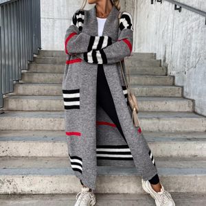 Women's Knits Tees Spring Knitted Cardigan Women Striped Patchwork Autumn Winter Elegant Long Outerwear Maxi Y2k Sweater Coat Soft Jacket 230921