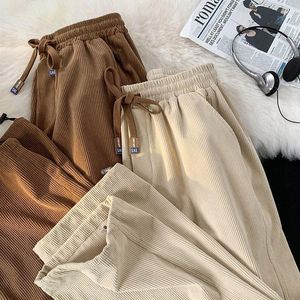 Men's Pants Fashion Plaid Hemming Women Corduroy High Waist Fall Black Korean Loose Straight Trousers Casual Drawstring Woman