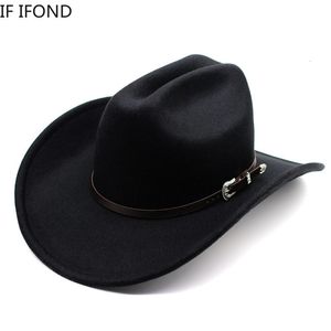 Szerokie brzeg kapelusze wiadra czapki vintage Western Cowboy Hat for Męski dżentelmen Lady Jazz Cowgirl z skórzaną szeroką grzbietą kościele Sombrero Hombre Caps 230921