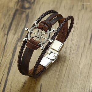 Charm Bracelets Men Sailor Rudder Multilayer Leather Bracelet For Nautical Bangles Brackelts Brazalet Vintage Helmsman Crew Jewelry